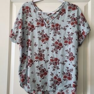Pink Rose Women's Blouse - Burgundy Floral on Light Blue